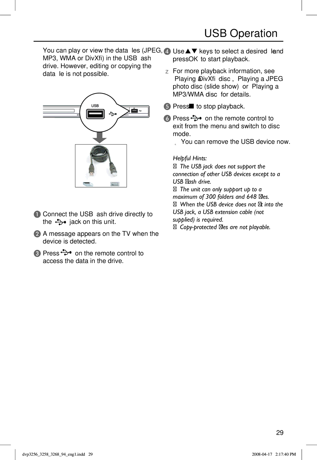 Philips DVP3268, DVP3258X/94 manual USB Operation 