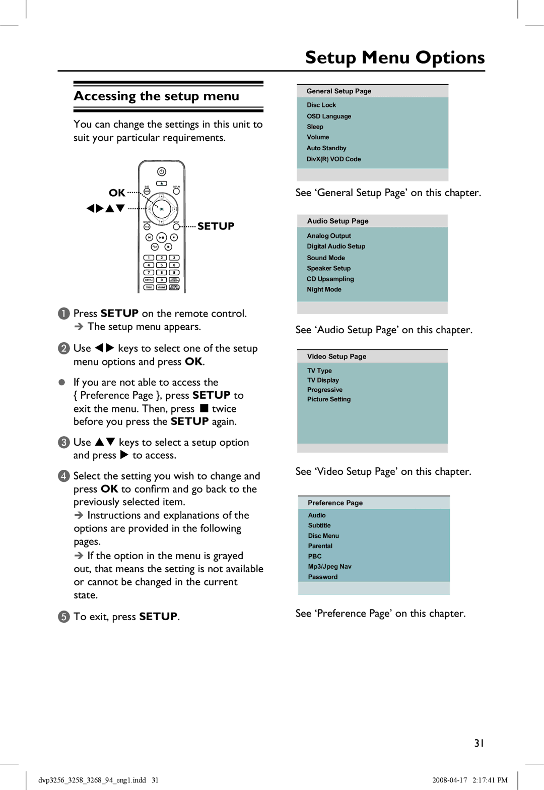 Philips DVP3258X/94, DVP3268 manual Setup Menu Options, Accessing the setup menu 