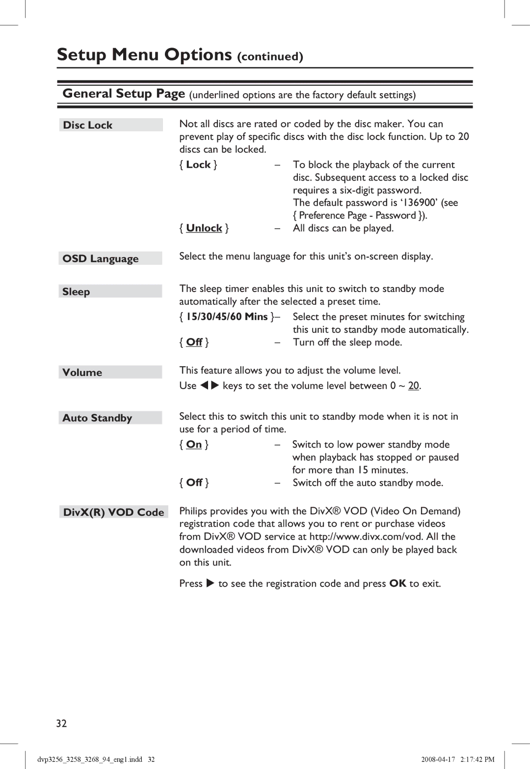 Philips DVP3268, DVP3258X/94 manual Disc Lock, Unlock, OSD Language Sleep, Volume Auto Standby, Off 