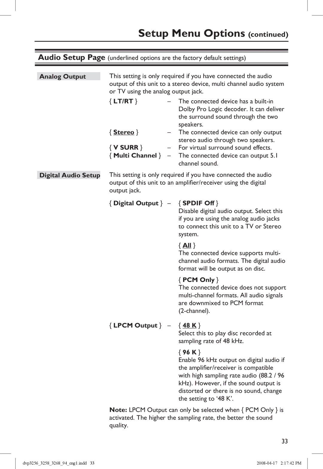 Philips DVP3268 Analog Output, Lt/Rt, Stereo, Surr, Multi Channel, Digital Audio Setup, Digital Output Spdif Off, PCM Only 