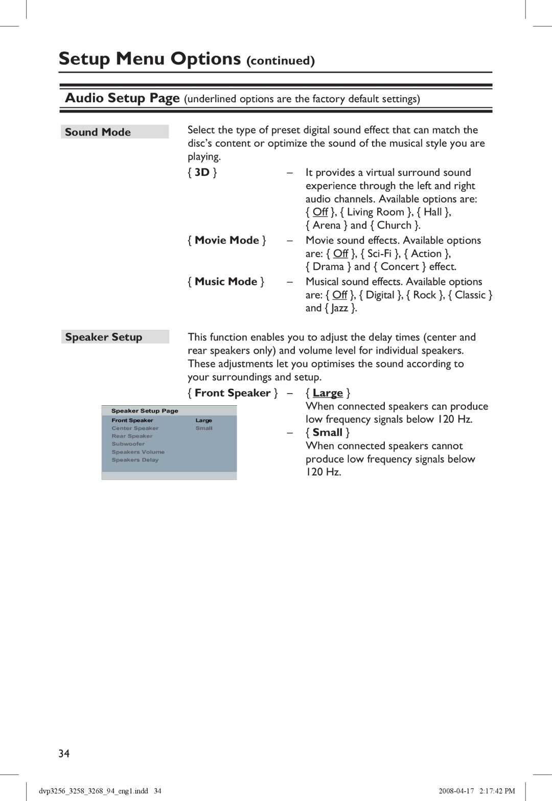 Philips DVP3258X/94, DVP3268 manual Sound Mode, Movie Mode, Music Mode, Speaker Setup, Front Speaker Large, Small 