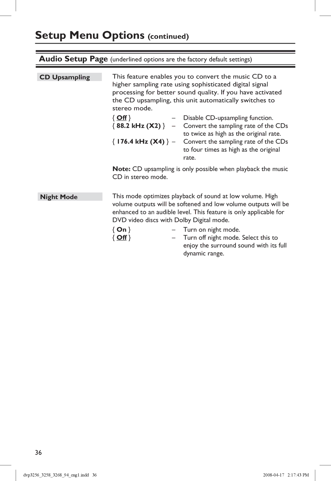 Philips DVP3268, DVP3258X/94 manual CD Upsampling, 88.2 kHz, 176.4 kHz, Night Mode 