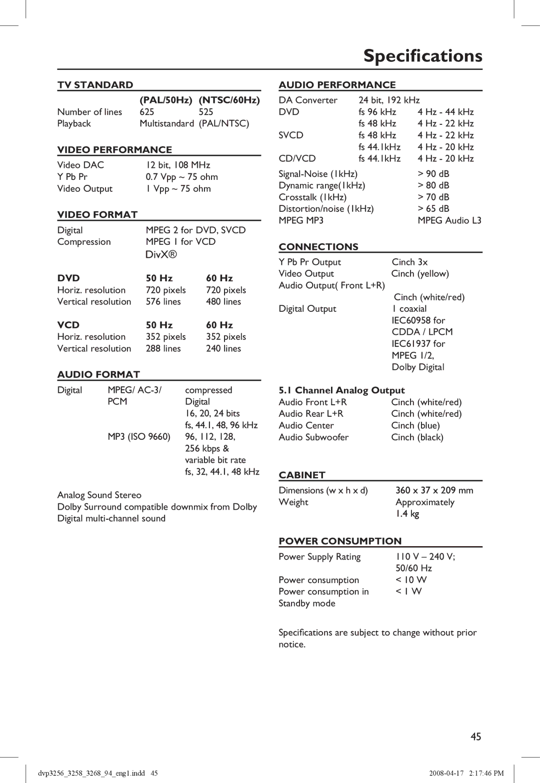 Philips DVP3268, DVP3258X/94 manual Specifications, DivX 