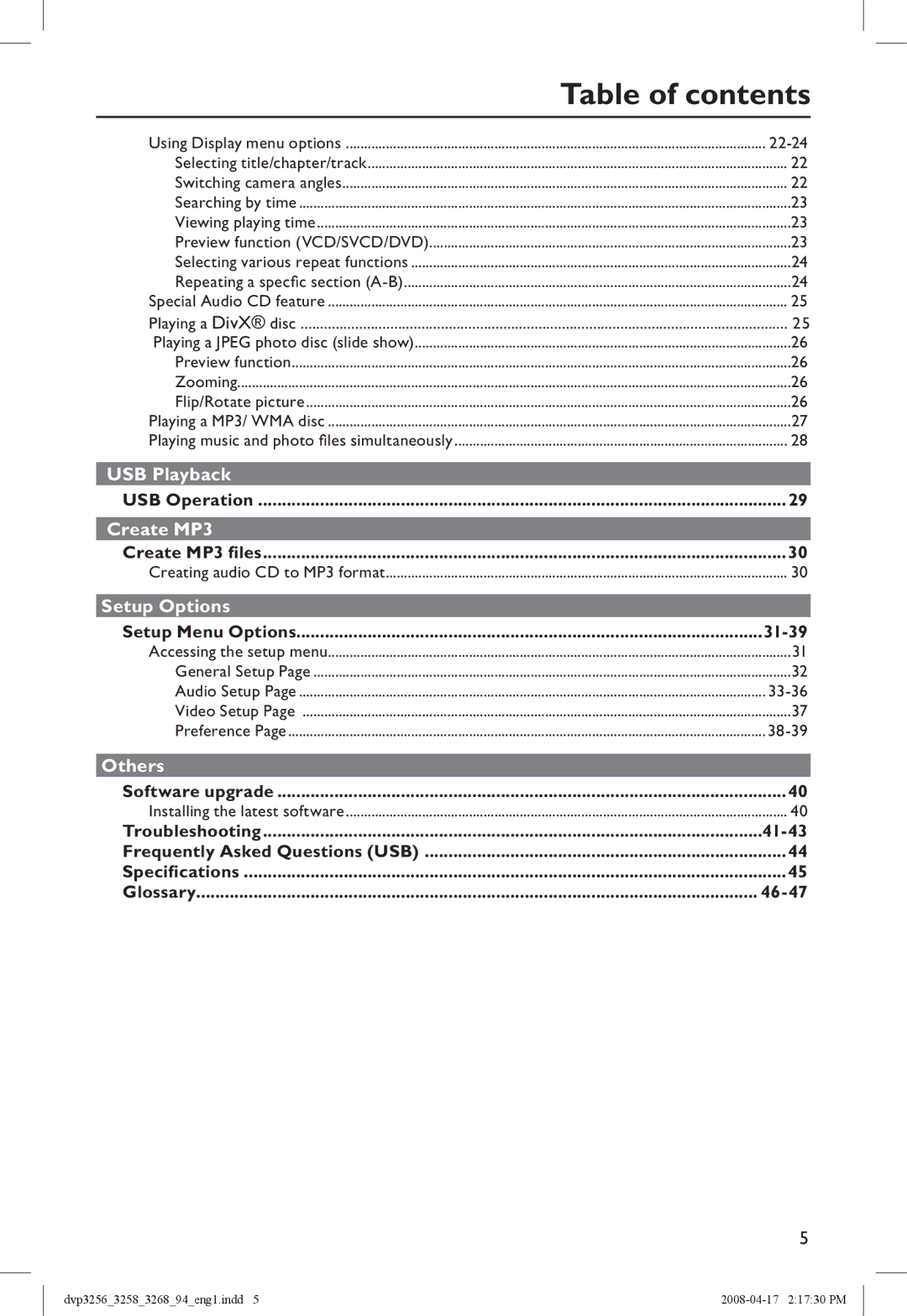 Philips DVP3268, DVP3258X/94 manual Table of contents 