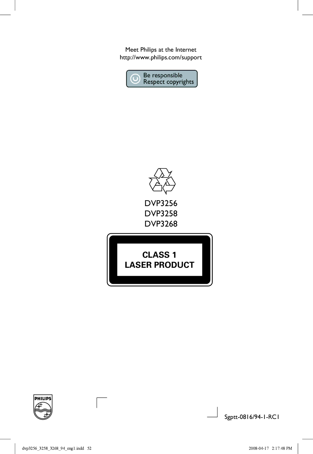 Philips DVP3258X/94, DVP3268 manual Meet Philips at the Internet, Sgptt-0816/94-1-RC1 