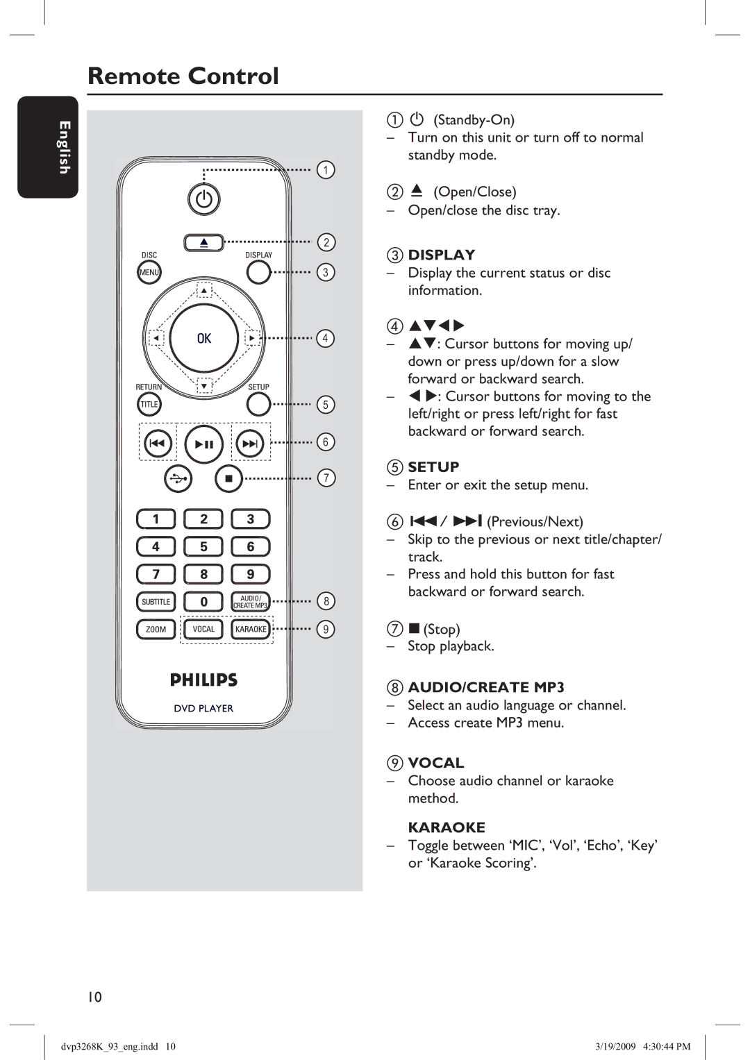 Philips DVP3268K/93, HTP3268K/93 manual Remote Control, Display, Setup, AUDIO/CREATE MP3, Vocal 