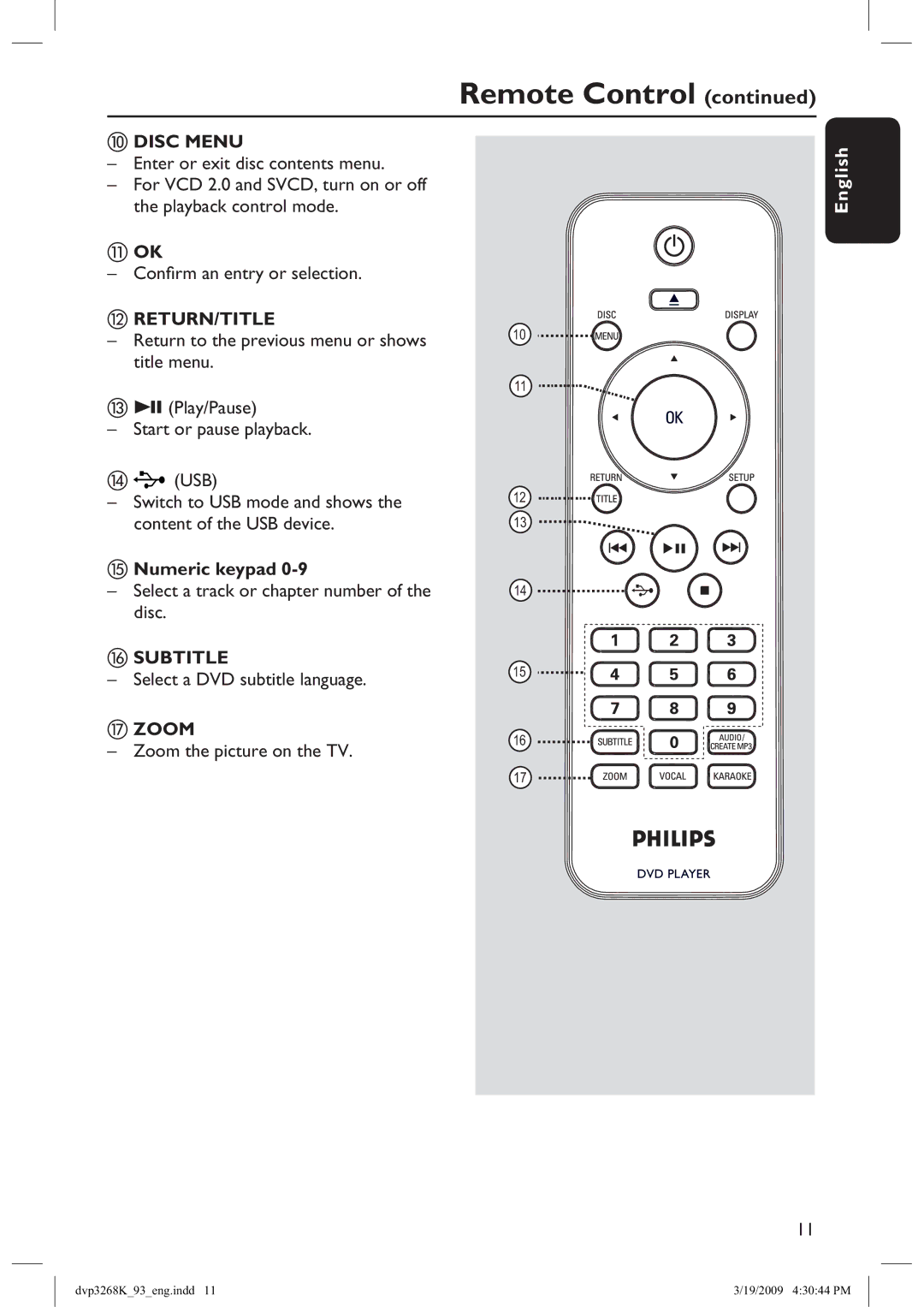 Philips HTP3268K/93, DVP3268K/93 manual Disc Menu, Return/Title, Numeric keypad, Subtitle, Zoom 