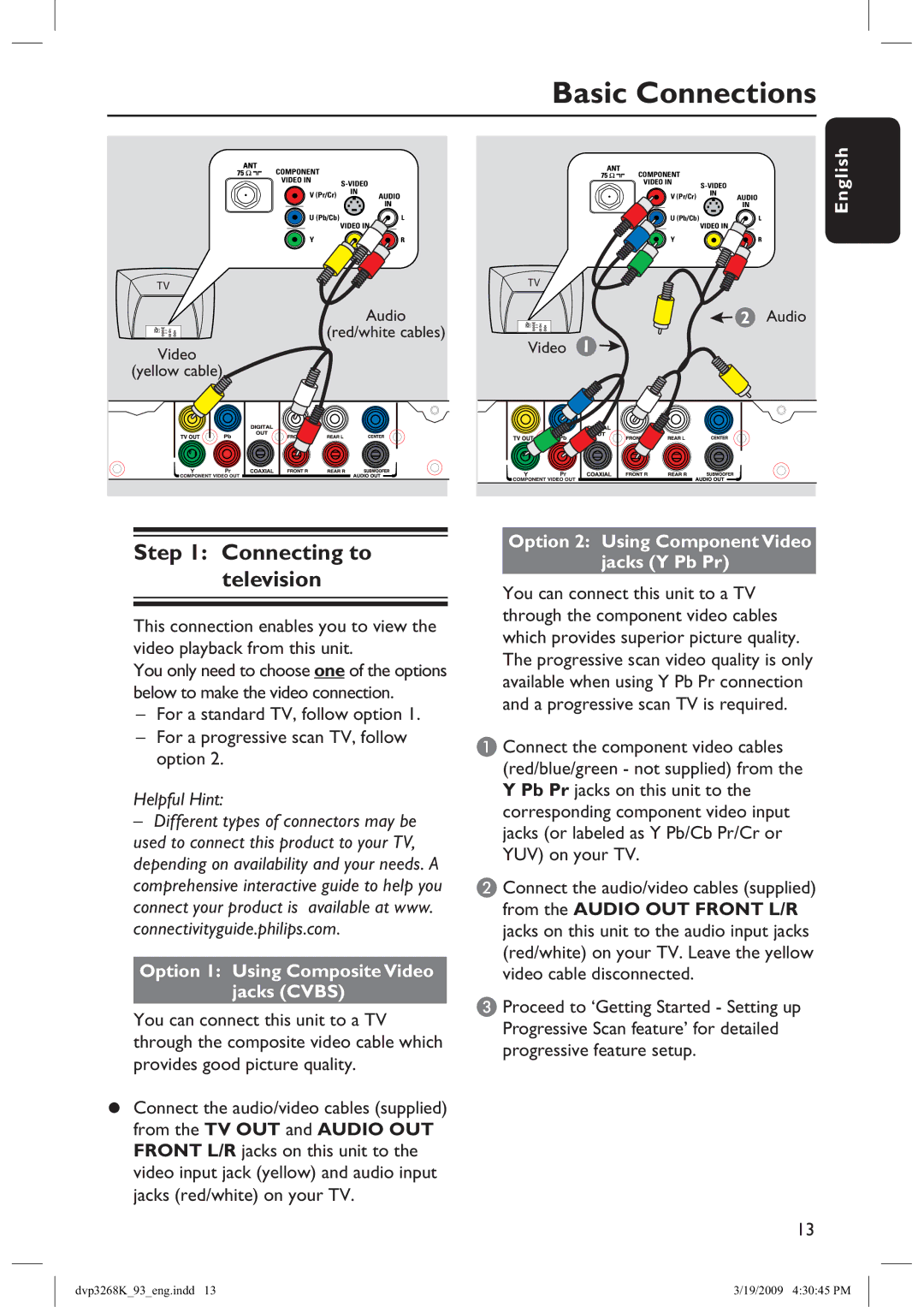 Philips DVP3268K/93, HTP3268K Basic Connections, Connecting to television, Option 1 Using Composite Video Jacks Cvbs 