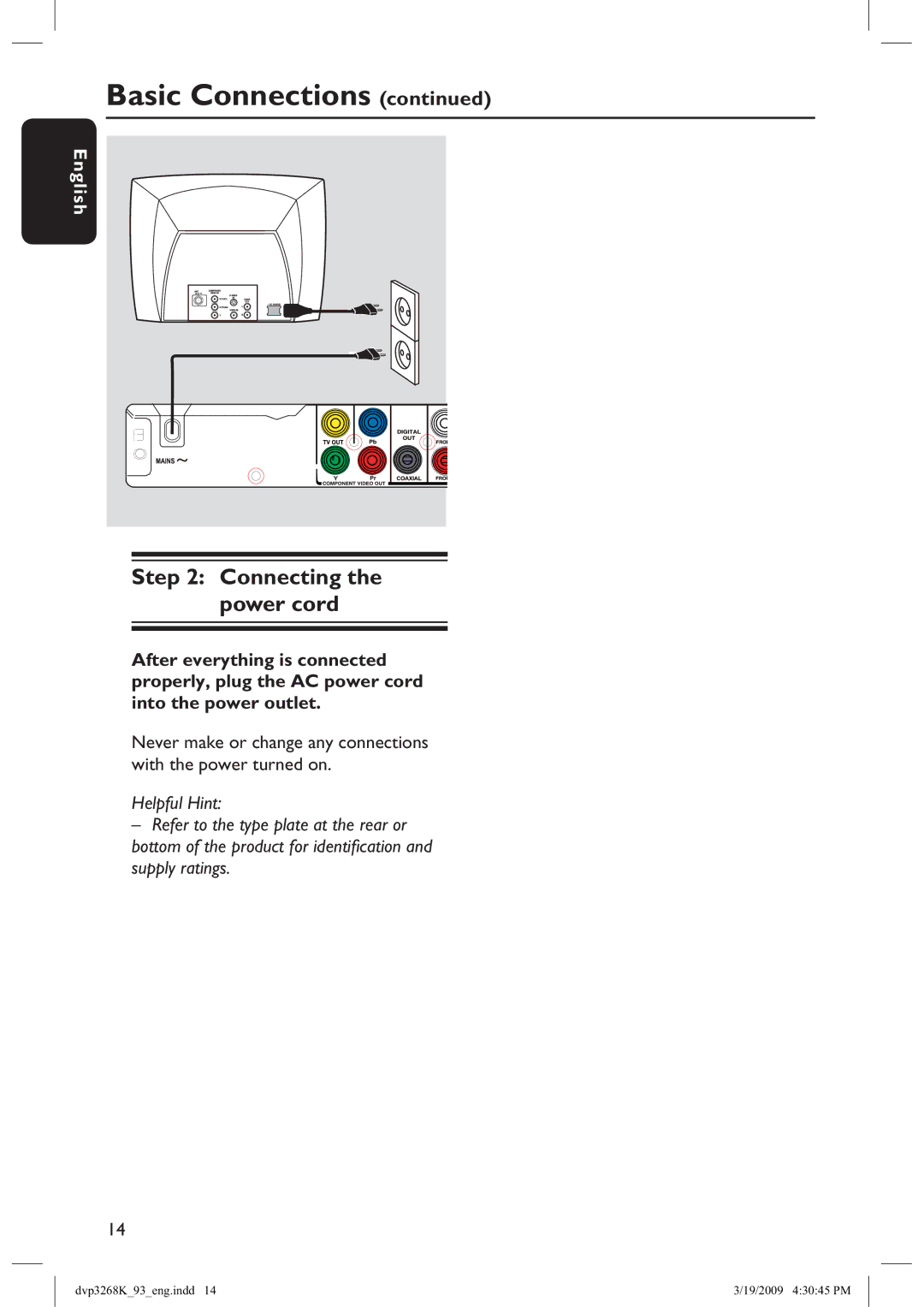 Philips DVP3268K/93, HTP3268K/93 manual Connecting the power cord 