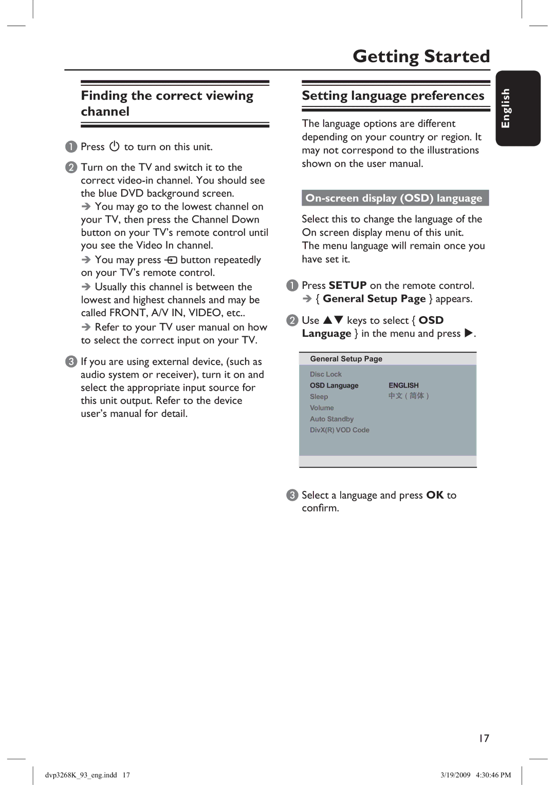 Philips DVP3268K/93, HTP3268K manual Getting Started, Finding the correct viewing channel, On-screen display OSD language 