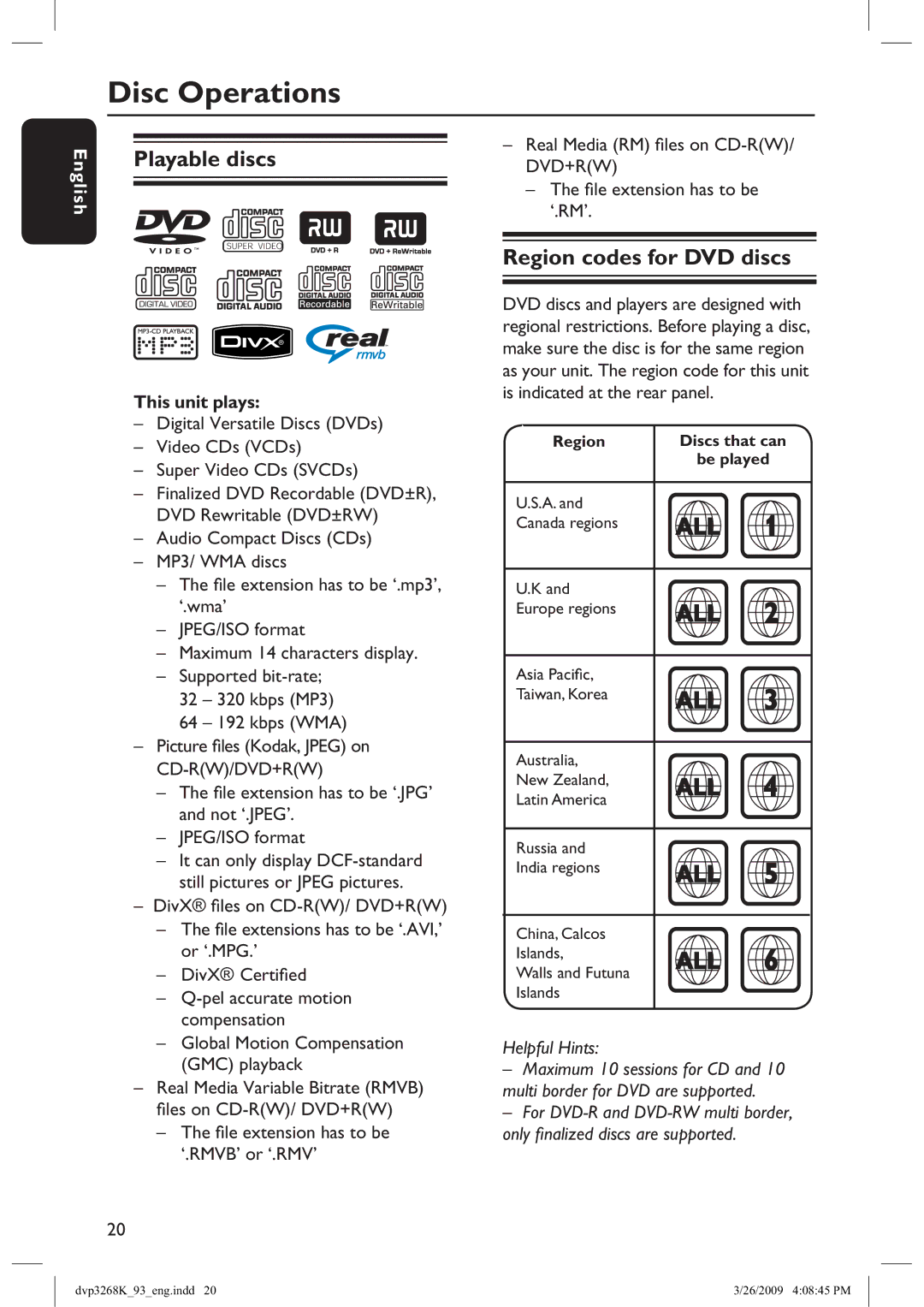 Philips DVP3268K/93, HTP3268K manual Disc Operations, Playable discsDVD+RW, Region codes for DVD discs, This unit plays 