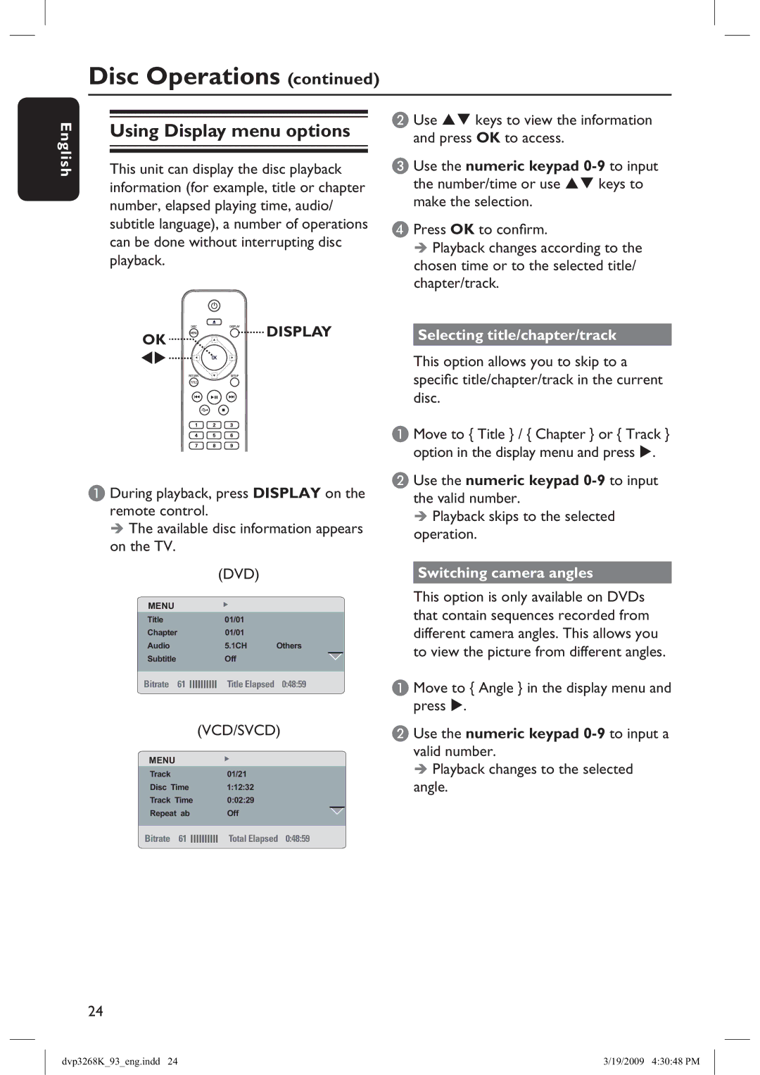 Philips DVP3268K/93, HTP3268K manual Using Display menu options, Selecting title/chapter/track, Switching camera angles 