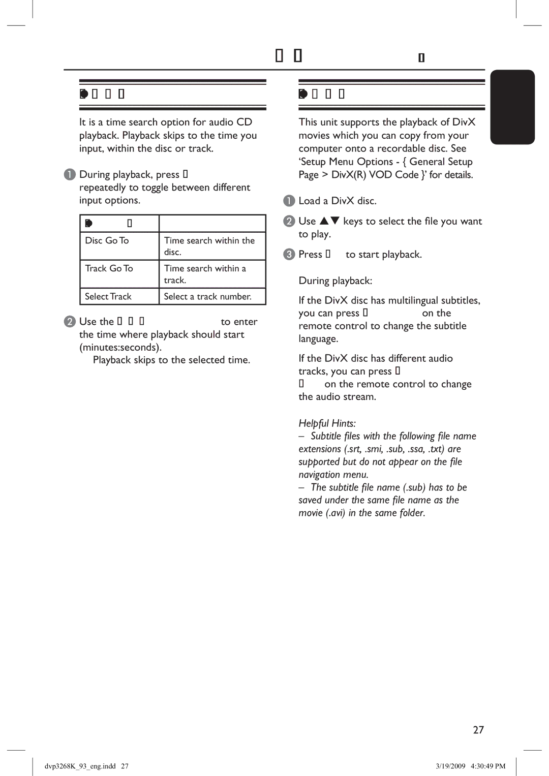 Philips HTP3268K/93, DVP3268K/93 manual Special Audio CD feature, Playing a DivX disc, Display Descriptions 