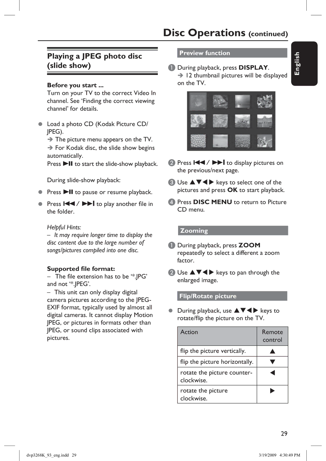 Philips DVP3268K manual Playing a Jpeg photo disc slide show, Preview function, Supported file format, Flip/Rotate picture 