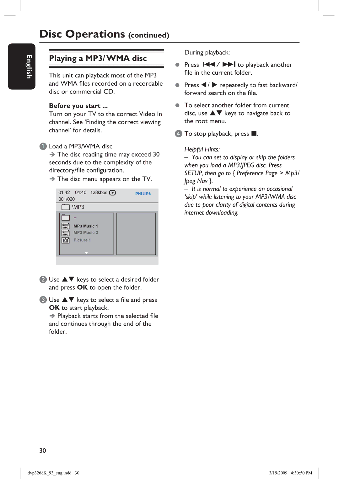 Philips DVP3268K/93, HTP3268K/93 manual Playing a MP3/ WMA disc 