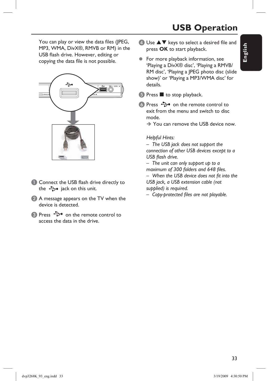 Philips DVP3268K/93, HTP3268K/93 manual USB Operation 