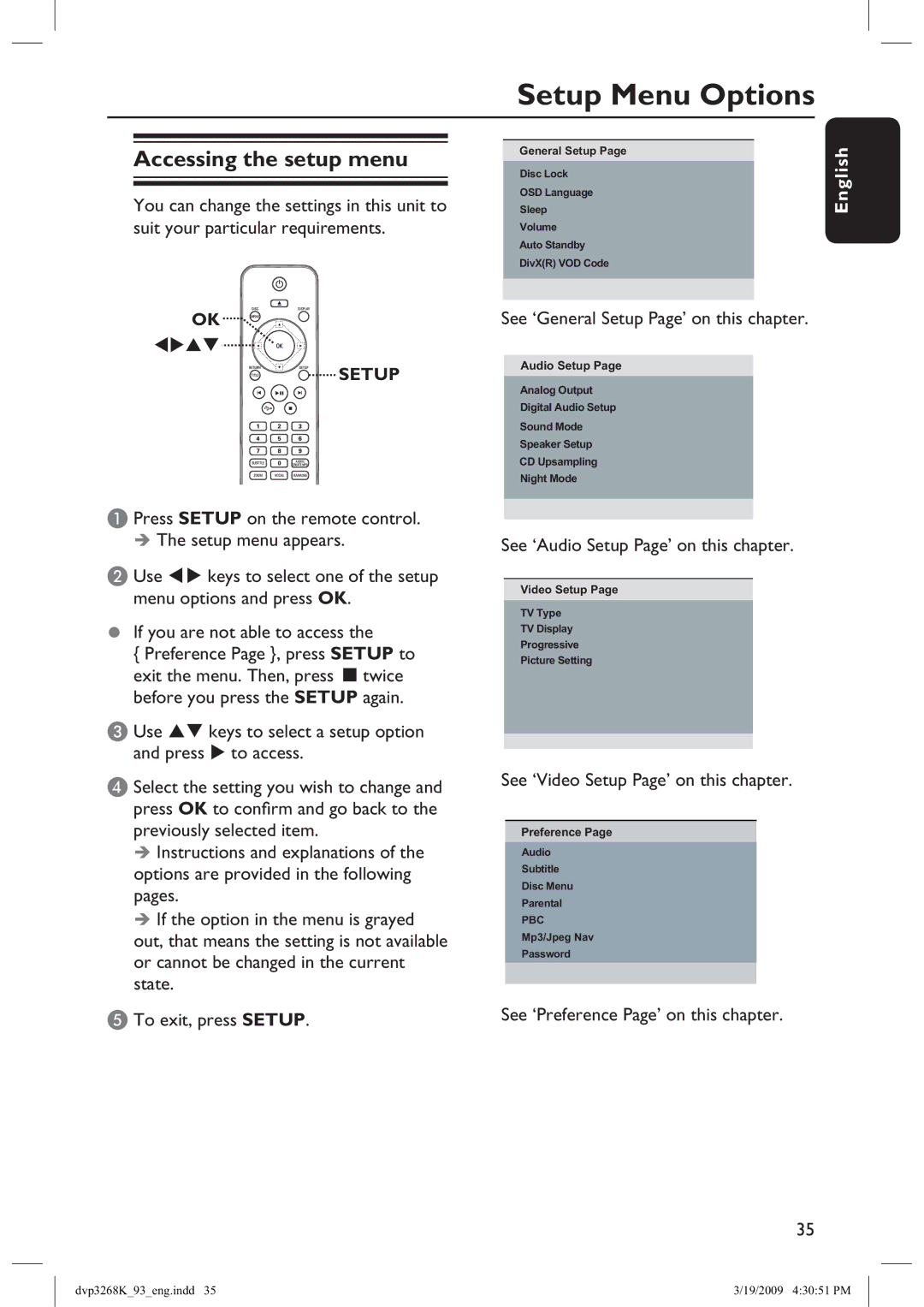 Philips HTP3268K/93, DVP3268K/93 manual Setup Menu Options, Accessing the setup menu 