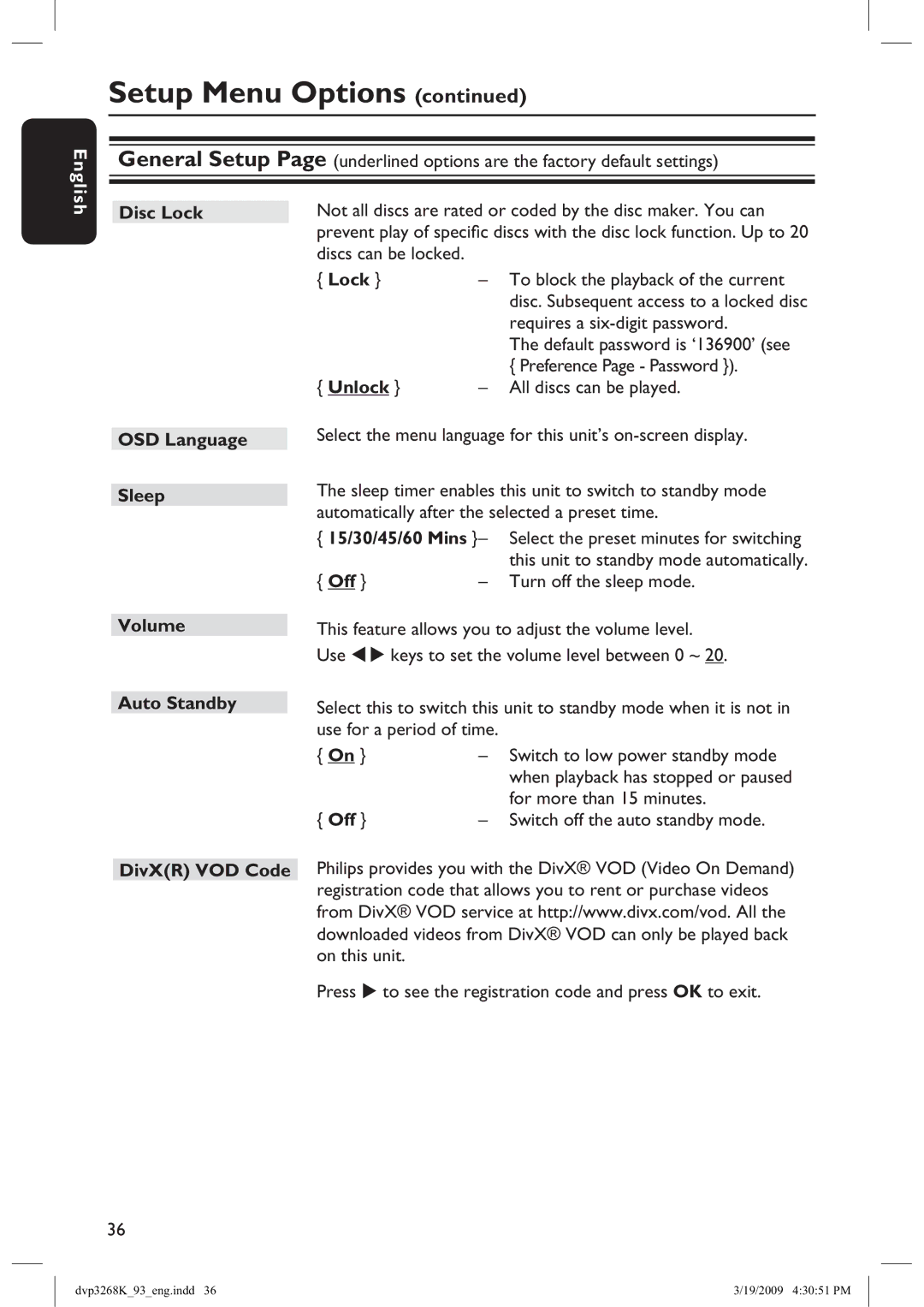 Philips DVP3268K/93, HTP3268K/93 manual Disc Lock, Unlock, OSD Language Sleep Volume Auto Standby, Off 
