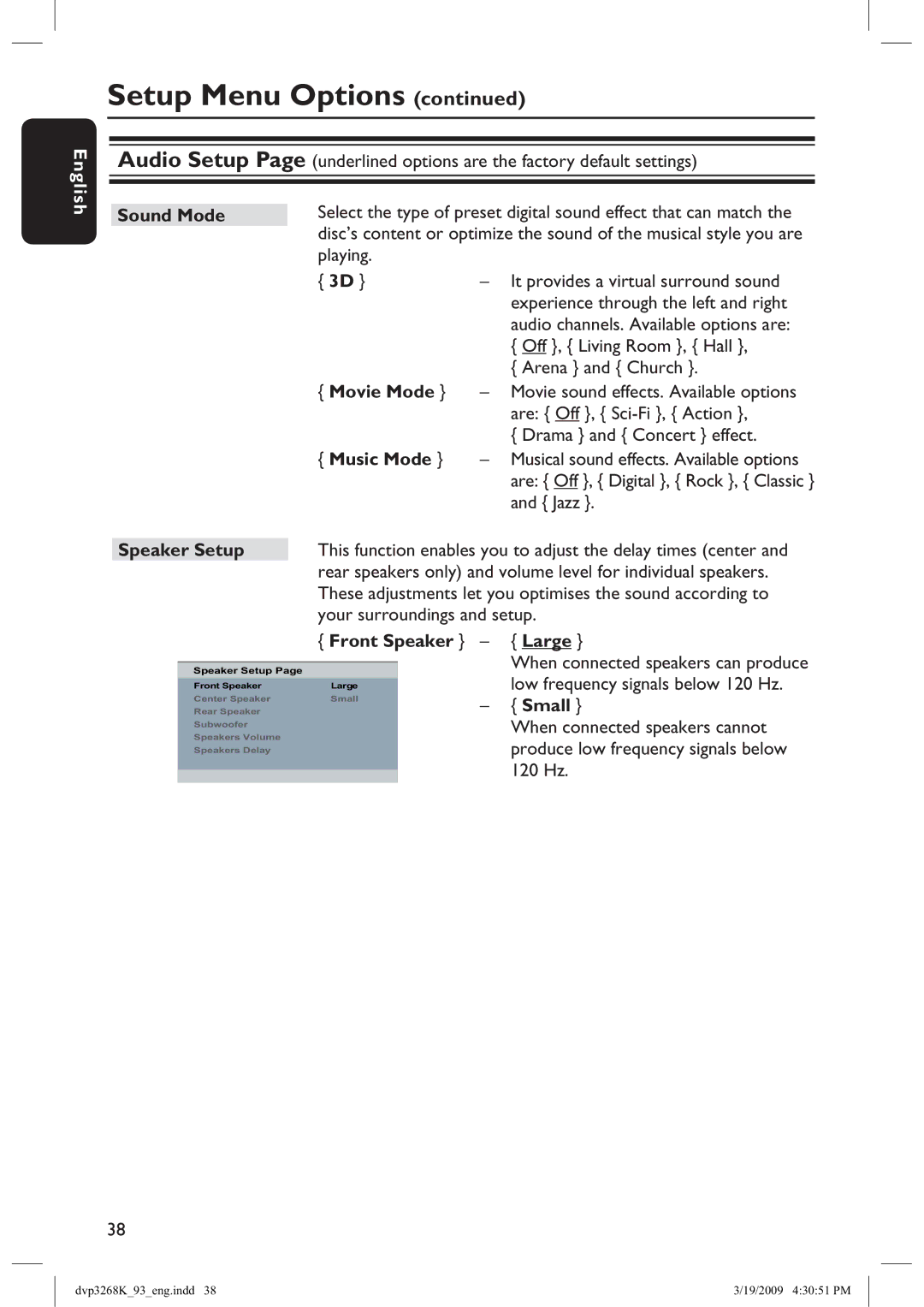 Philips DVP3268K/93, HTP3268K/93 manual Sound Mode, Movie Mode, Music Mode, Speaker Setup, Front Speaker, Large, Small 
