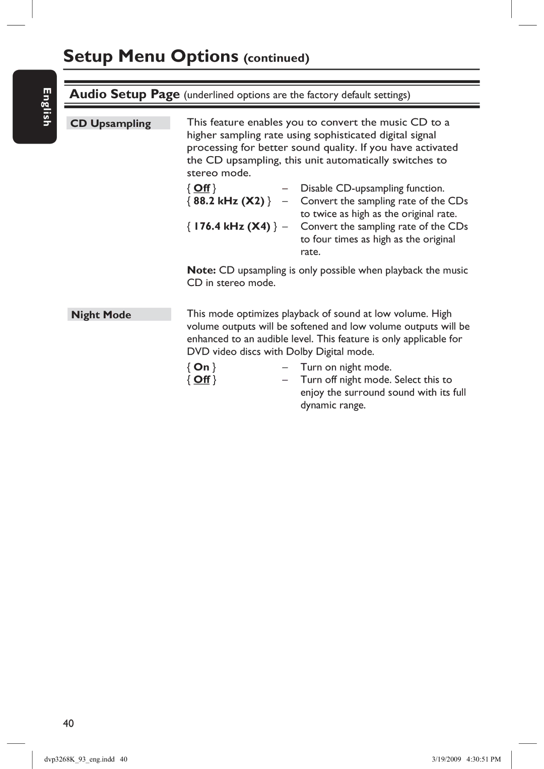 Philips DVP3268K/93, HTP3268K/93 manual CD Upsampling, 88.2 kHz, 176.4 kHz, Night Mode 