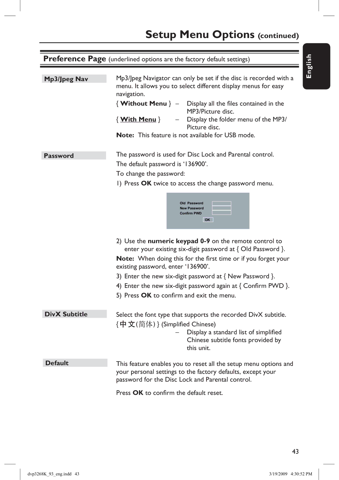 Philips HTP3268K/93, DVP3268K/93 manual Mp3/Jpeg Nav Password, DivX Subtitle Default 