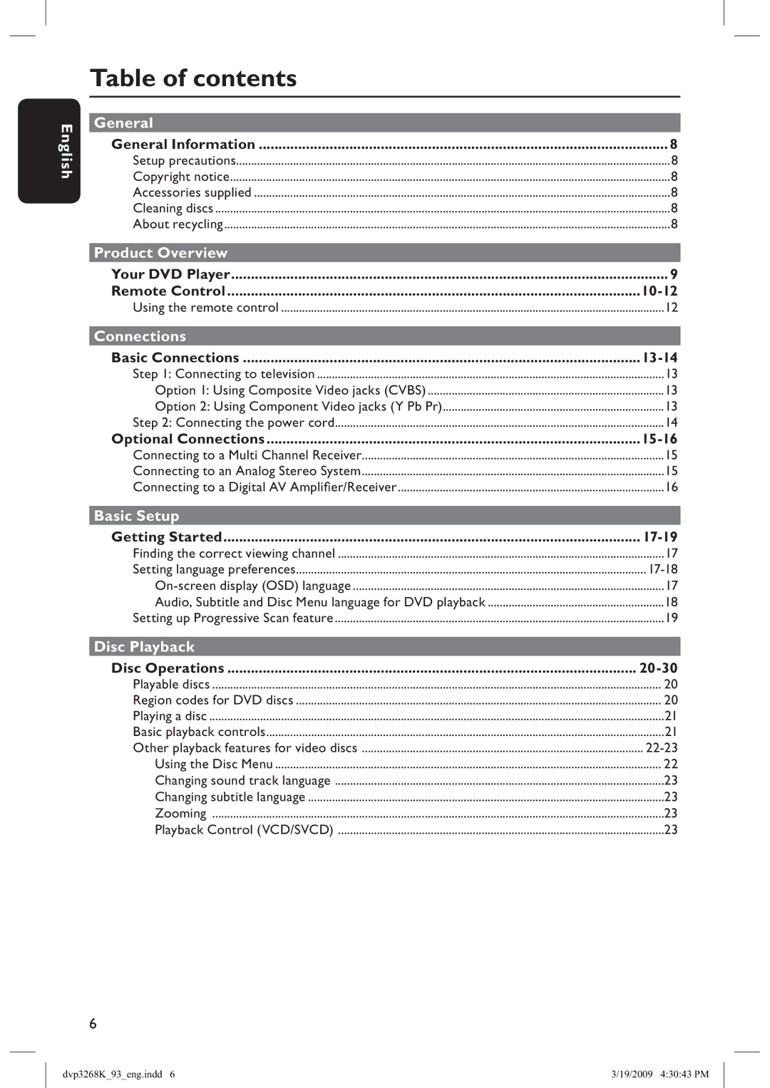 Philips DVP3268K/93, HTP3268K/93 manual Table of contents 