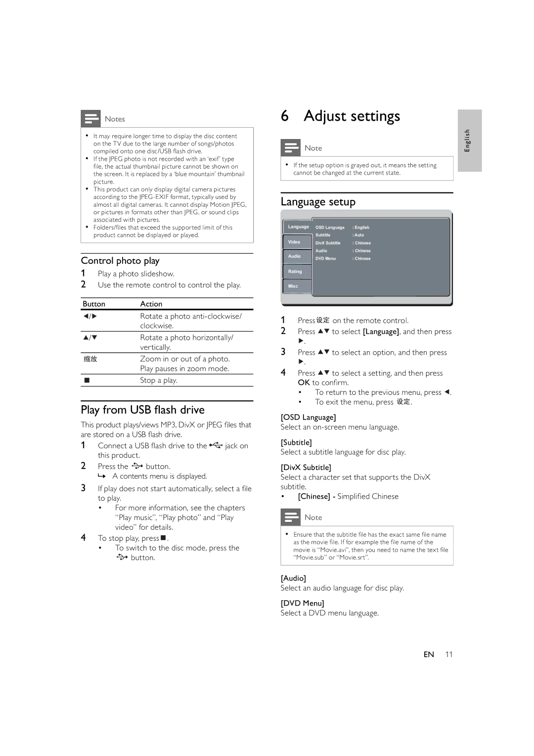 Philips HTP3300/93, DVP3300 user manual Adjust settings, Play from USB ﬂ ash drive, Language setup, Control photo play 