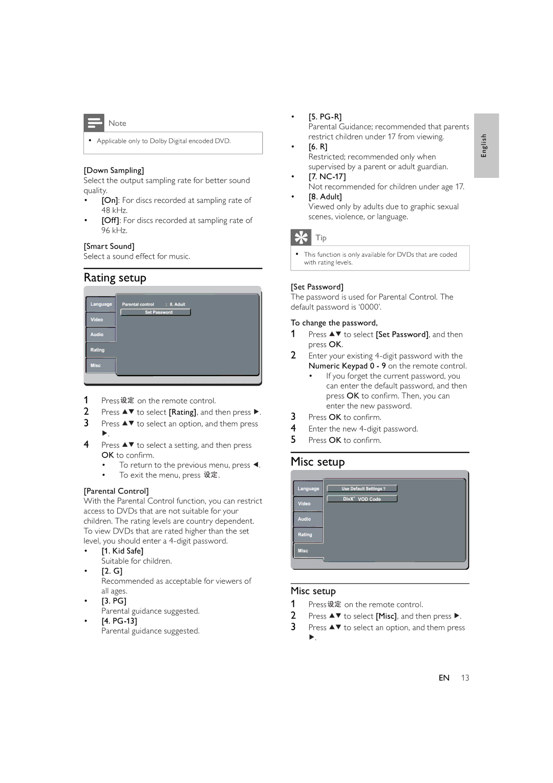 Philips DVP3300, HTP3300/93 user manual Rating setup, Misc setup 