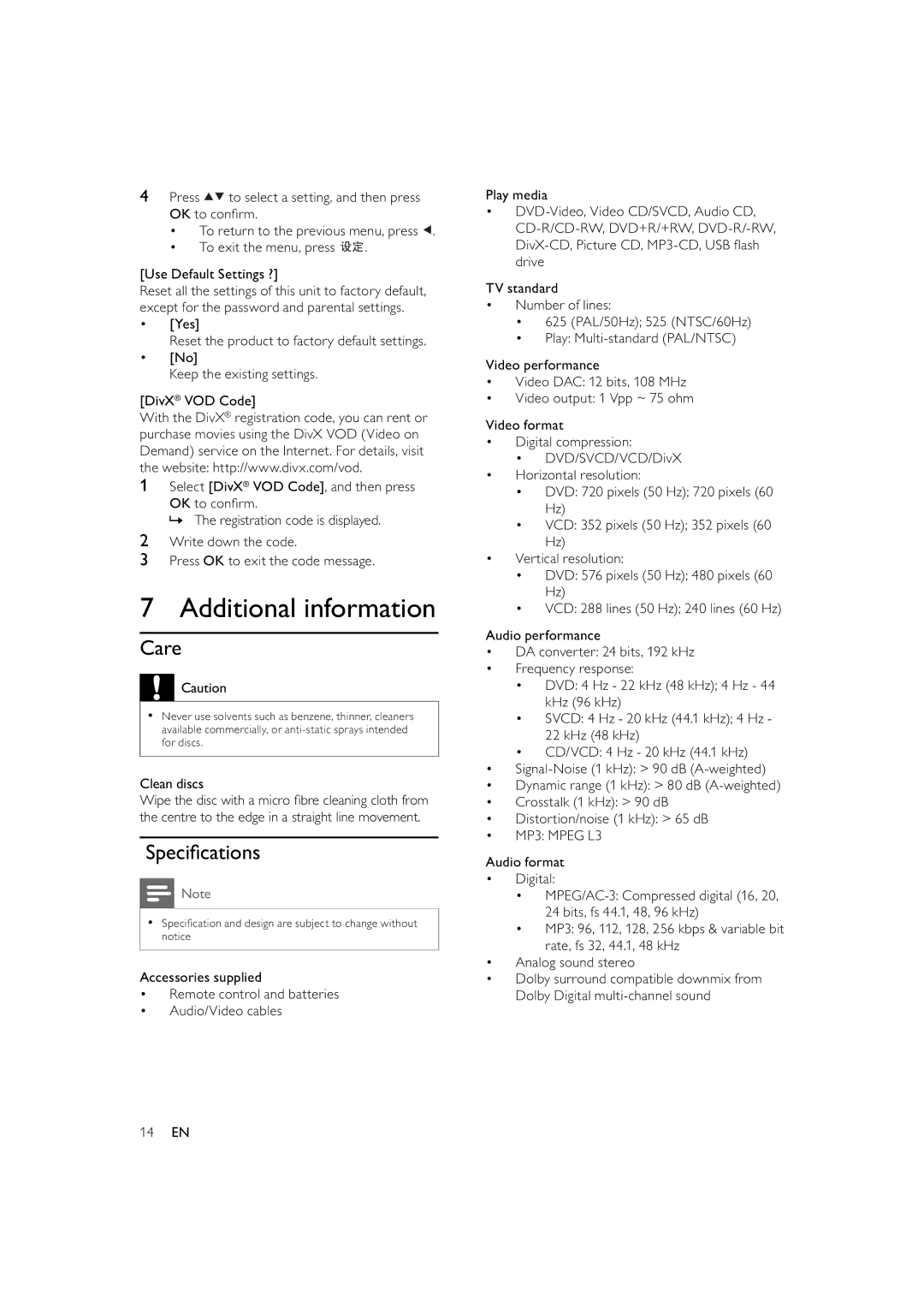 Philips HTP3300/93, DVP3300 user manual Additional information, Care, Speciﬁ cations, Clean discs 