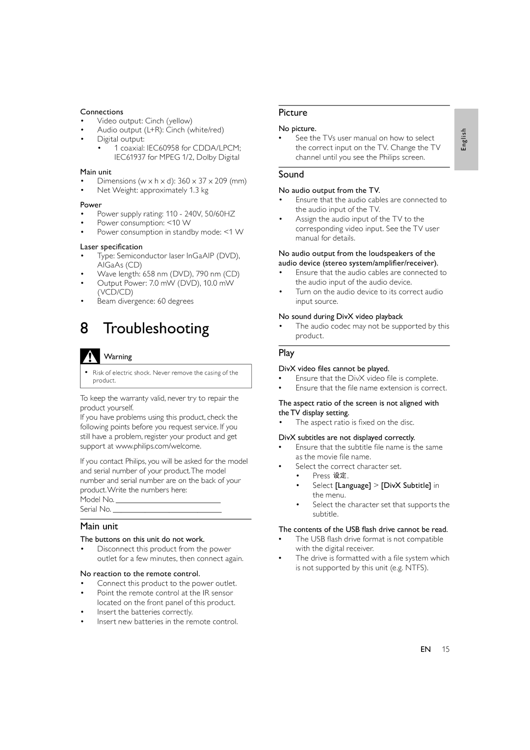 Philips DVP3300, HTP3300/93 user manual Troubleshooting, Main unit, Picture, Sound, Play 