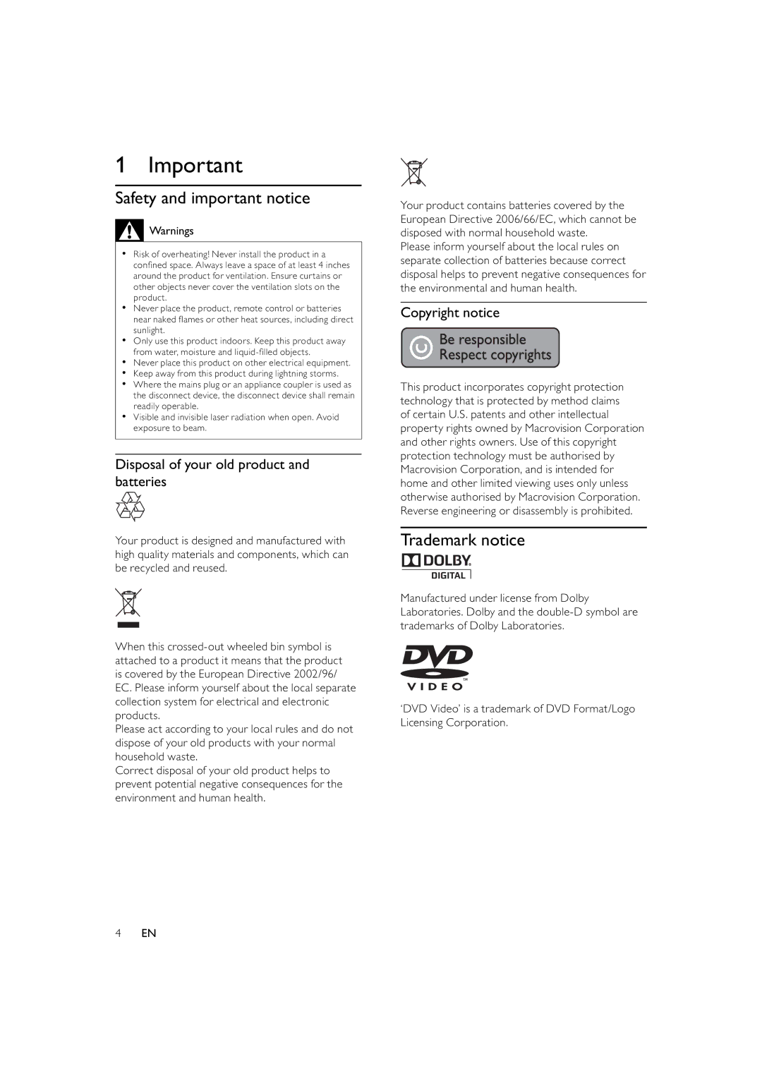 Philips DVP3300, HTP3300/93 Safety and important notice, Trademark notice, Disposal of your old product and batteries 