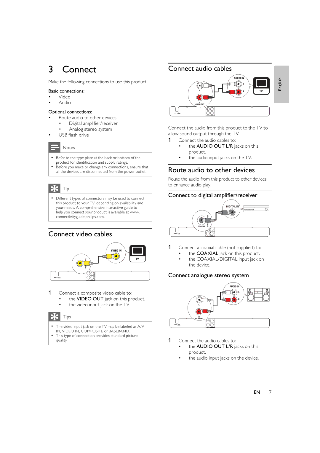 Philips DVP3300, HTP3300/93 user manual Connect video cables, Connect audio cables, Route audio to other devices 