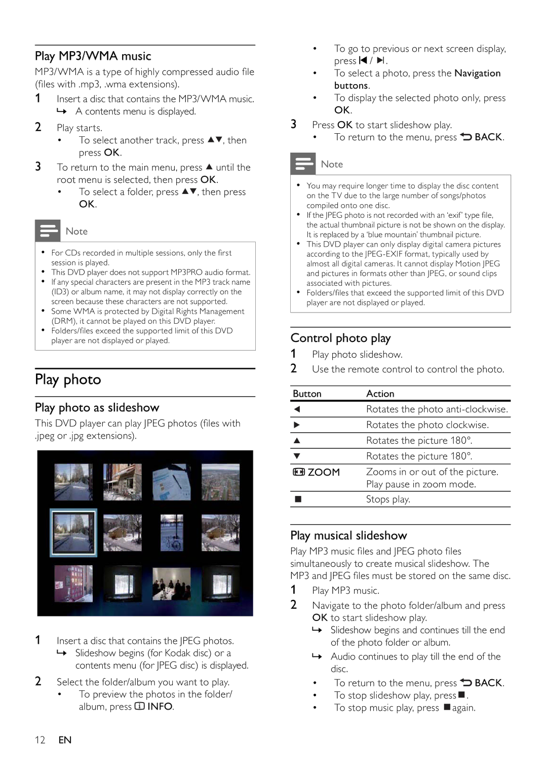 Philips DVP3310K/75 user manual Play MP3/WMA music, Play photo as slideshow, Control photo play, Play musical slideshow 