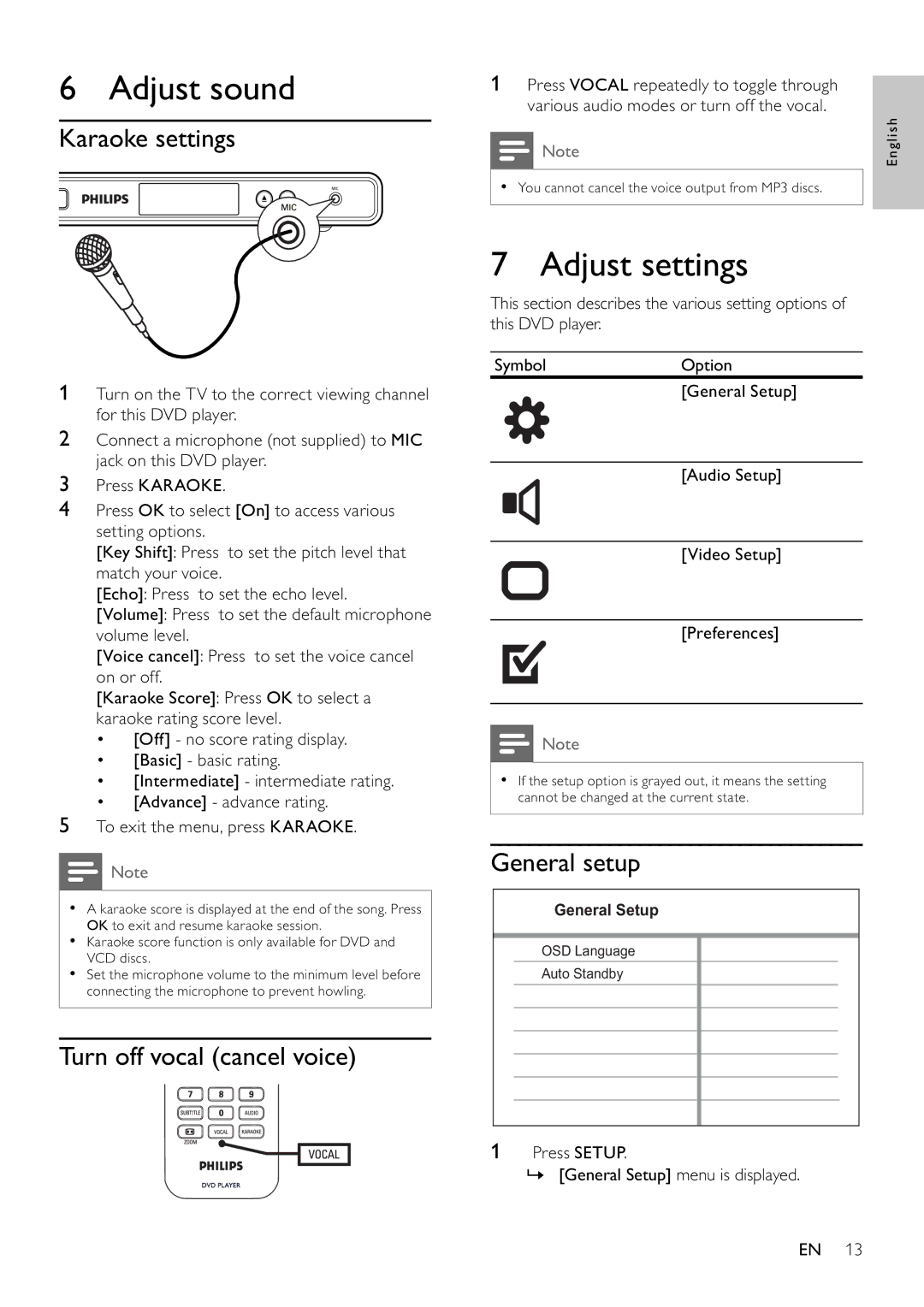 Philips DVP3310K/75 user manual Adjust sound, Adjust settings, Karaoke settings, Turn off vocal cancel voice, General setup 