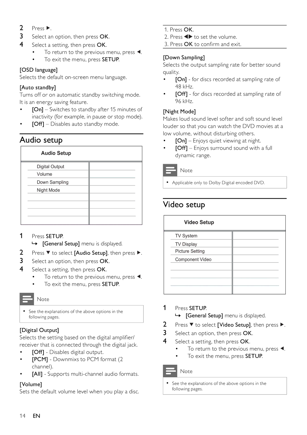 Philips DVP3310K/75 user manual Audio setup, Video setup, Off Disables auto standby mode, Digital Output, 14 EN 