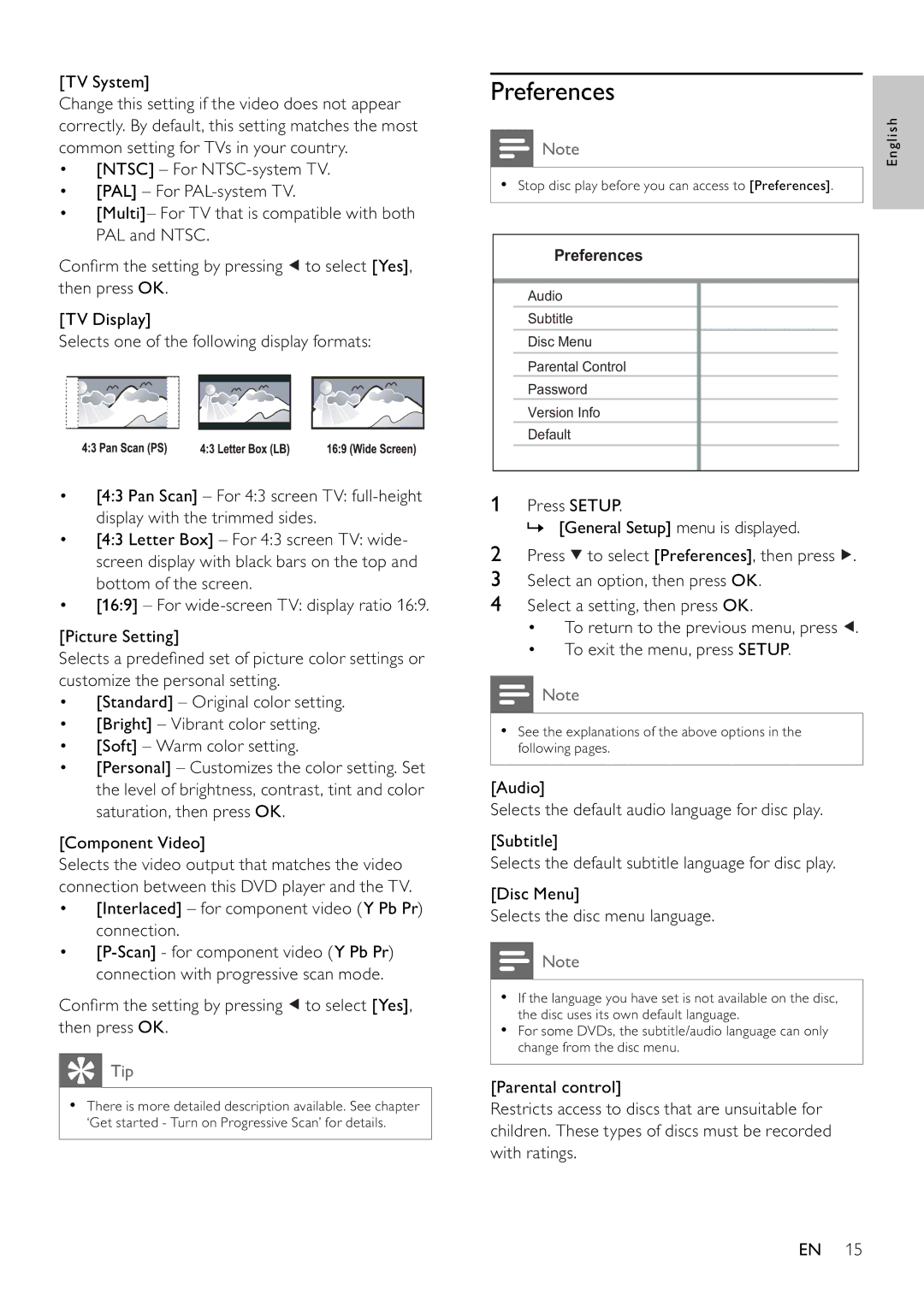 Philips DVP3310K/75 user manual Preferences, Interlaced for component video Y Pb Pr connection 