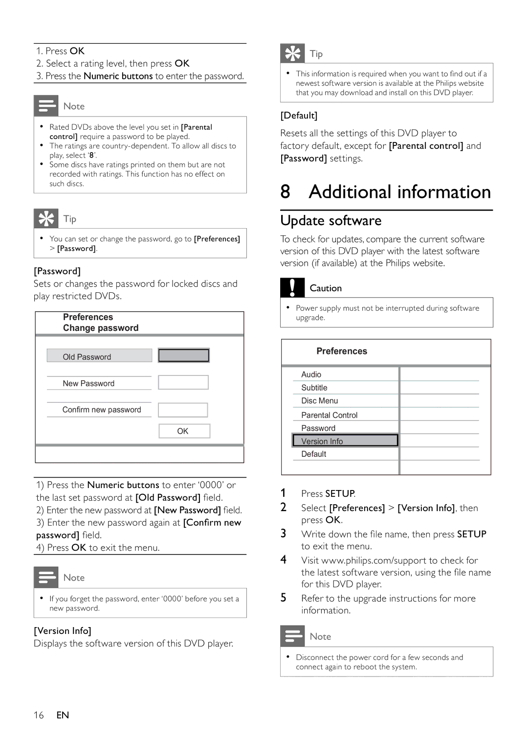 Philips DVP3310K/75 user manual Preferences Change password 