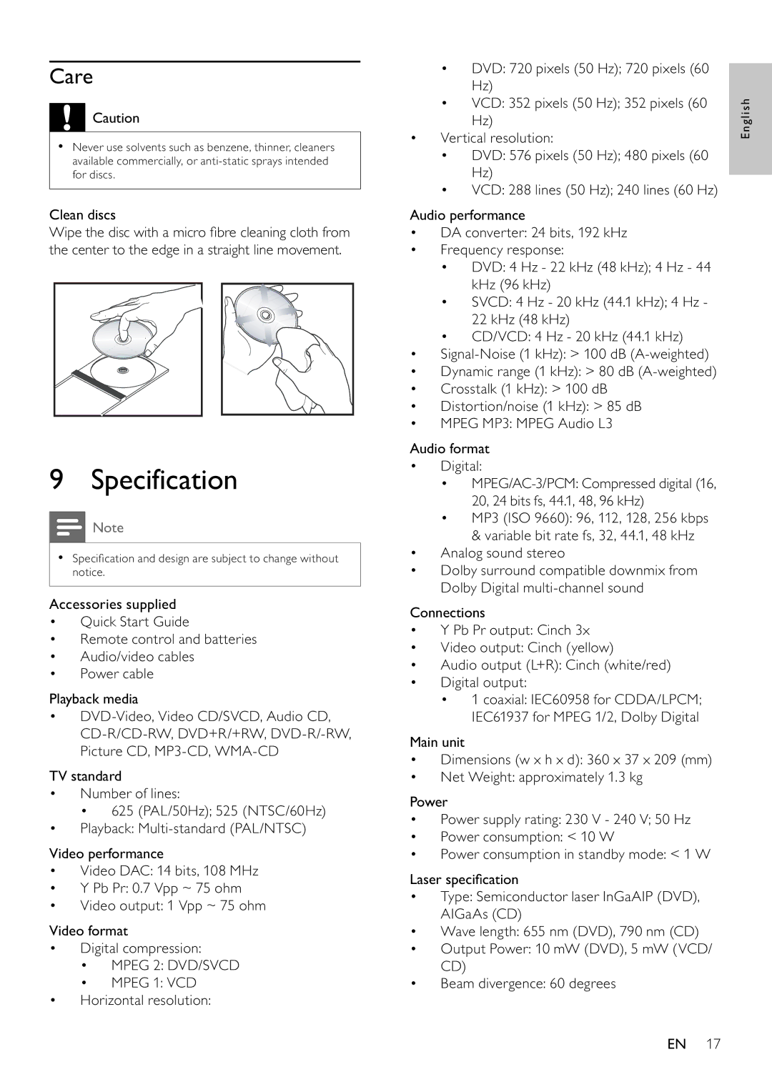 Philips DVP3310K/75 user manual Specification, Care, Clean discs 