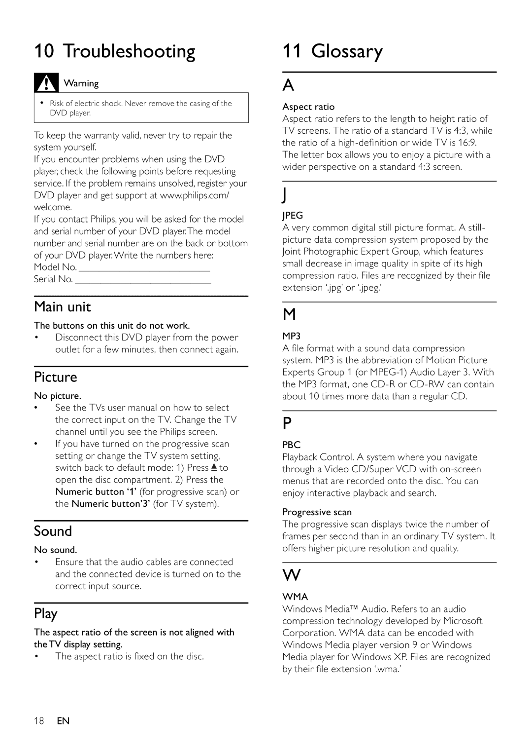 Philips DVP3310K/75 user manual Troubleshooting, Glossary 