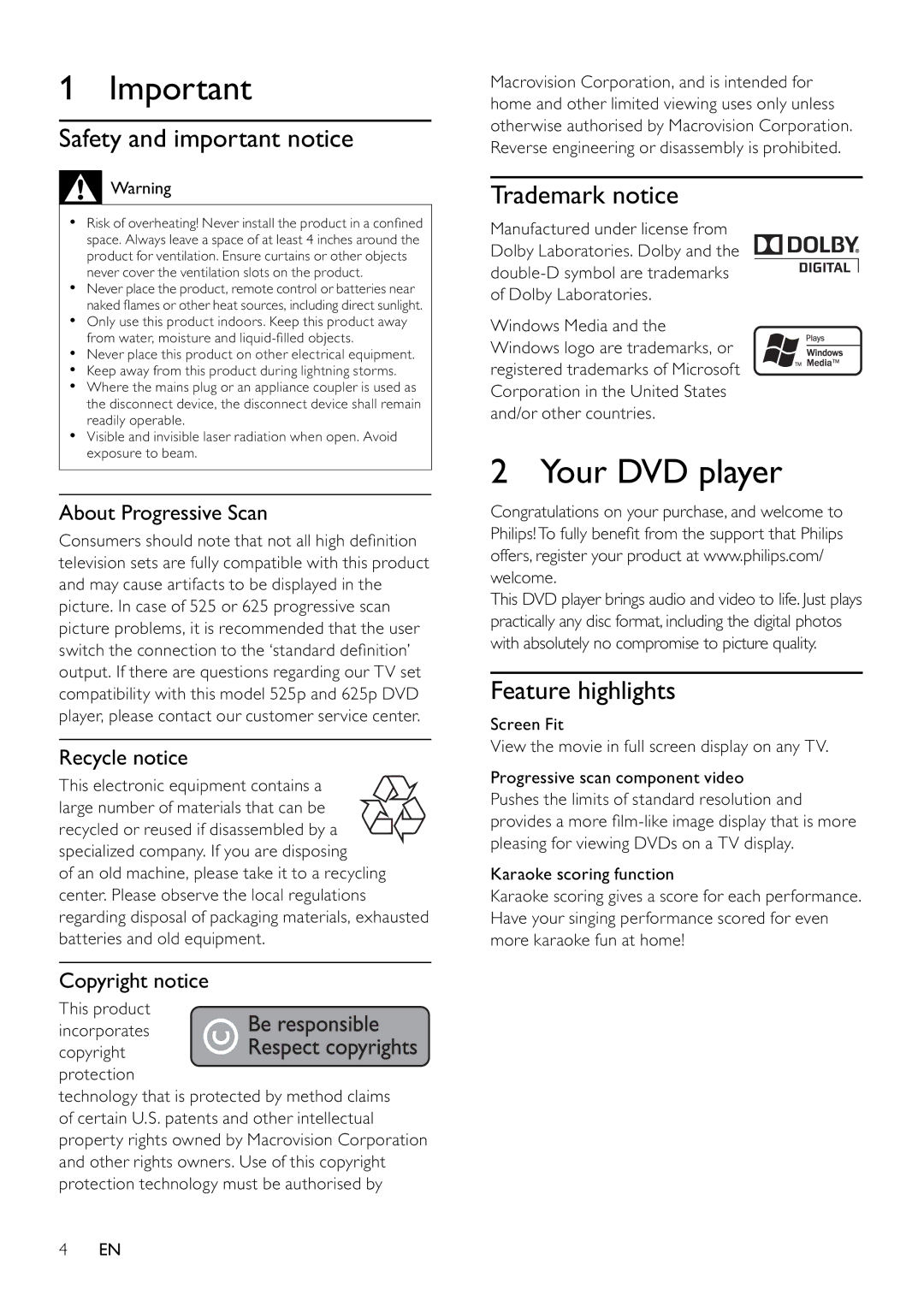 Philips DVP3310K/75 user manual Your DVD player, Safety and important notice, Trademark notice, Feature highlights 