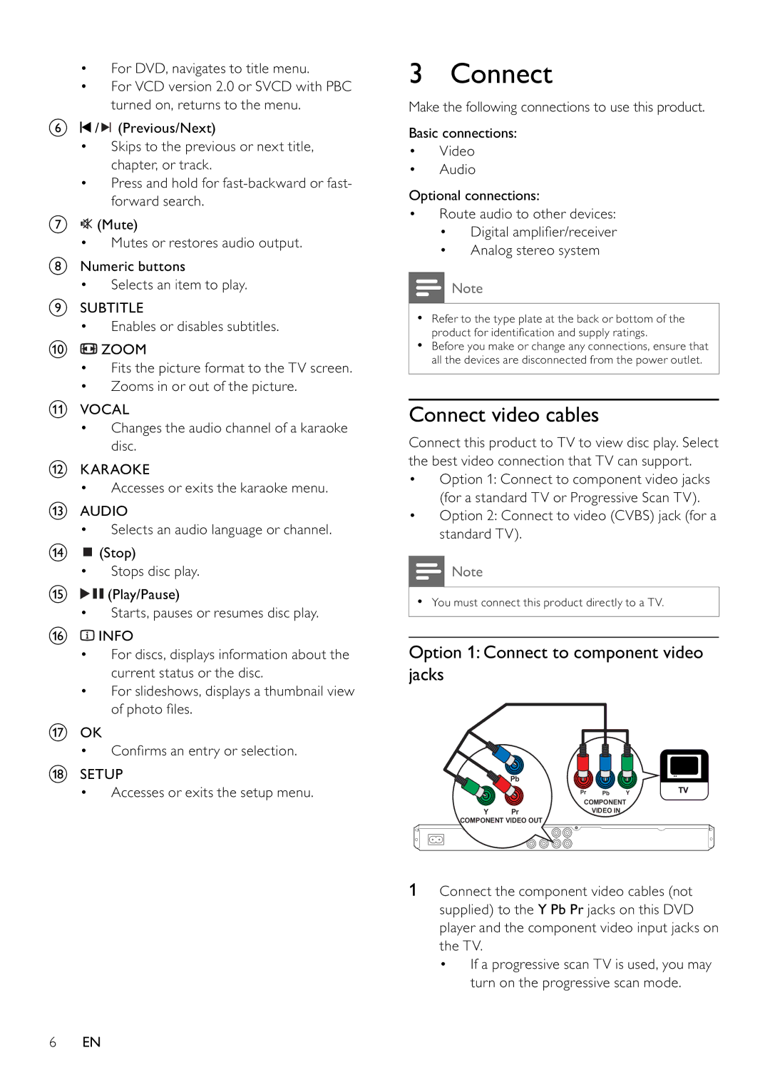 Philips DVP3310K/75 user manual Connect video cables, Option 1 Connect to component video jacks 