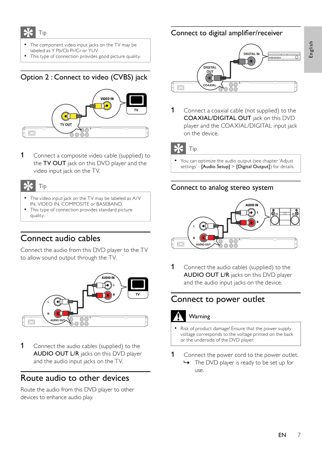 Philips DVP3310K/75 user manual Connect audio cables, Route audio to other devices, Connect to power outlet 