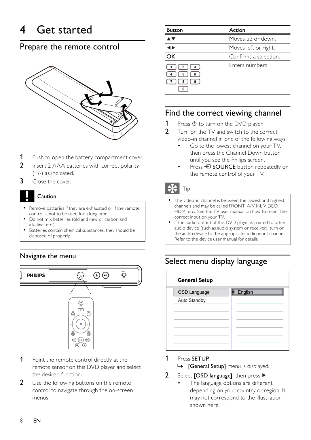 Philips DVP3310K/75 Get started, Prepare the remote control, Find the correct viewing channel, Navigate the menu 