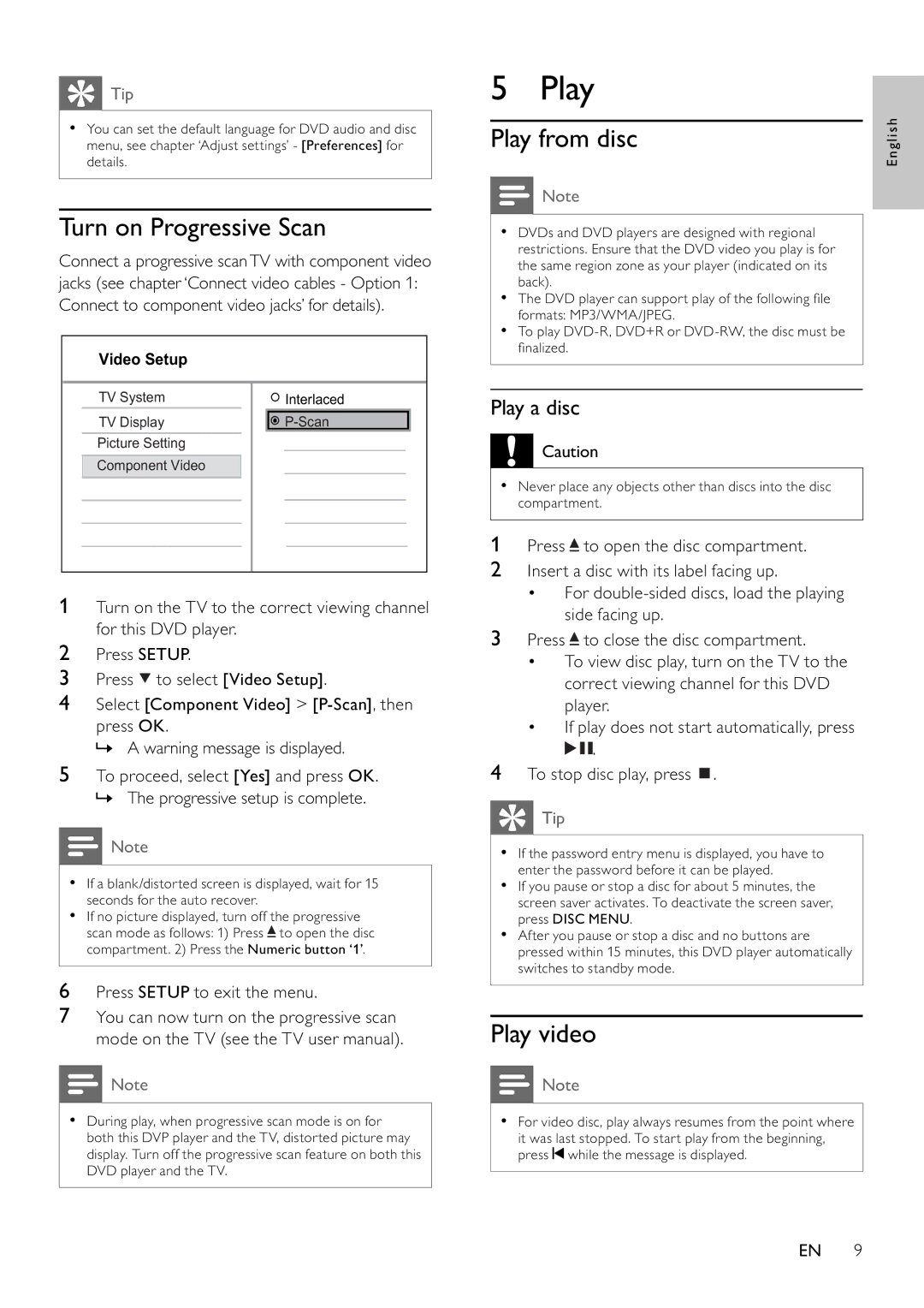 Philips DVP3310K/75 user manual Turn on Progressive Scan, Play from disc, Play video, Play a disc 