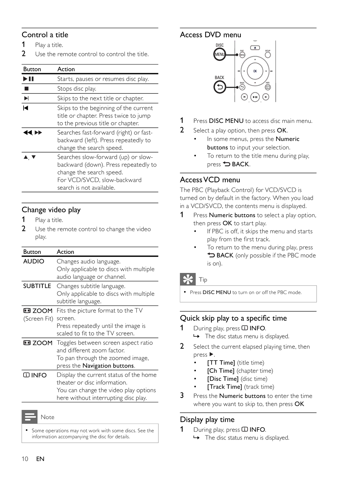 Philips DVP3310K/75 user manual Control a title, Change video play, Access DVD menu, AccessVCD menu, Display play time 