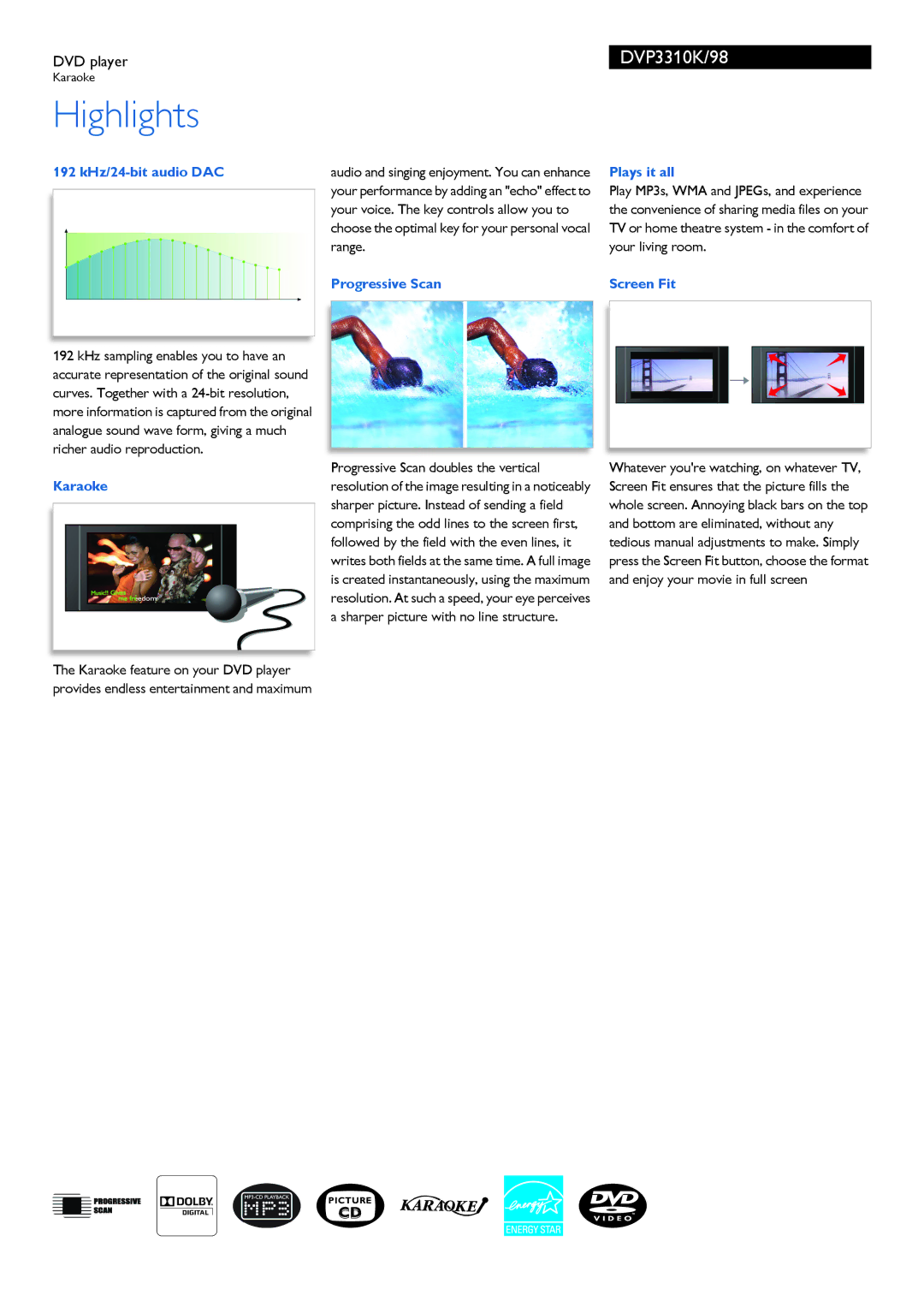 Philips DVP3310K/98 manual 192 kHz/24-bit audio DAC, Karaoke, Progressive Scan, Plays it all, Screen Fit 