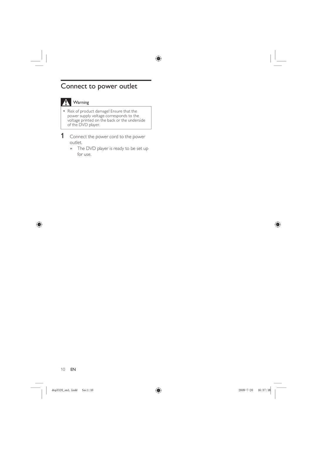 Philips DVP3320/55, DVP3320/77, DVP3320K/78 user manual Connect to power outlet 