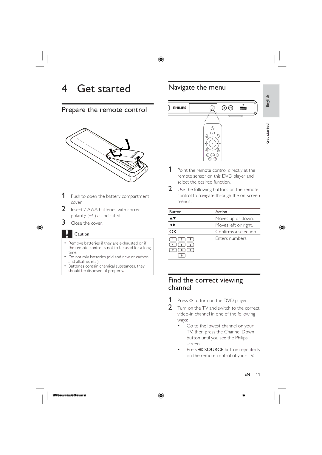 Philips DVP3320/55 Get started, Prepare the remote control, Navigate the menu, Find the correct viewing channel 