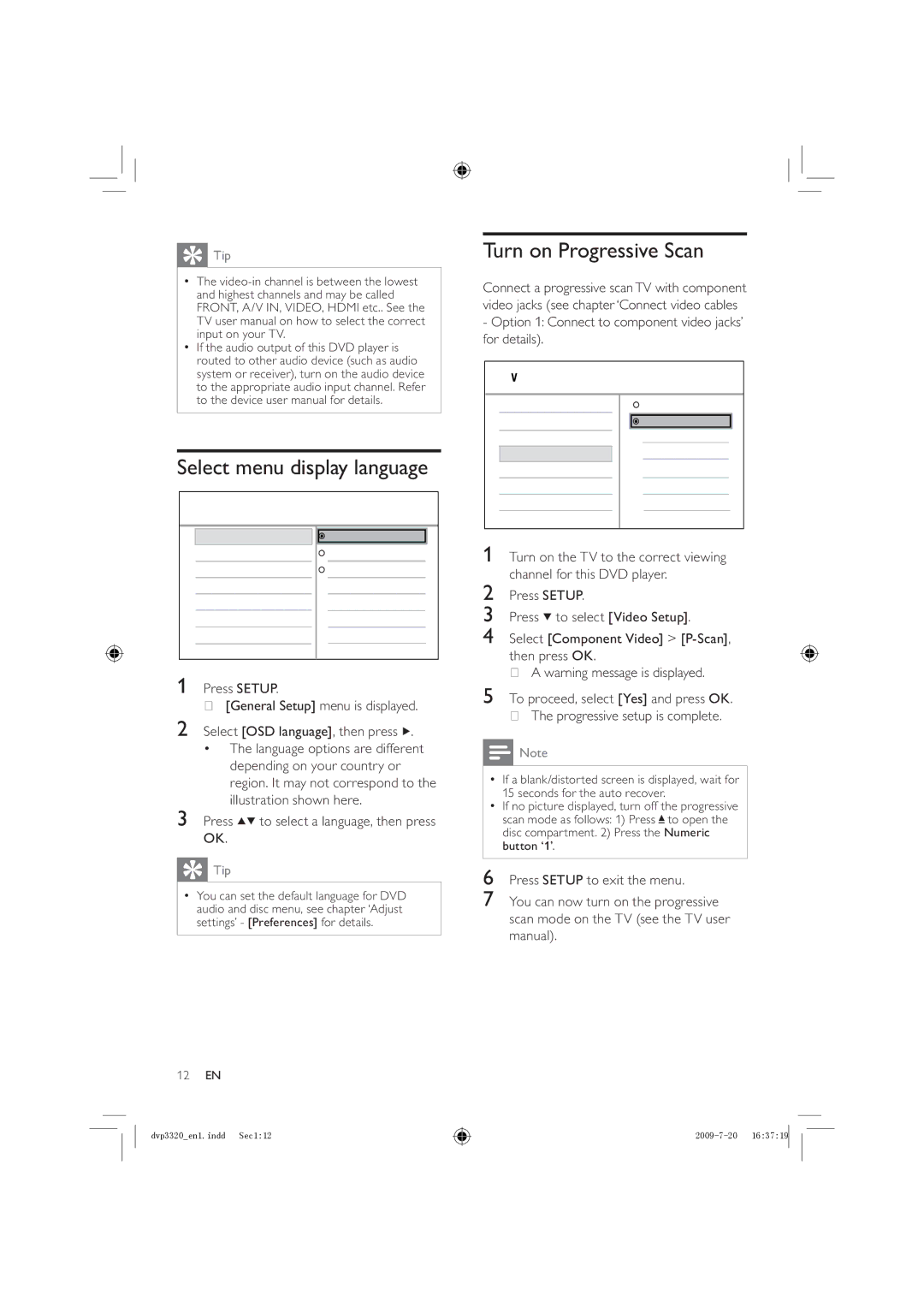 Philips DVP3320/77 Select menu display language, Turn on Progressive Scan, Press to select a language, then press OK 