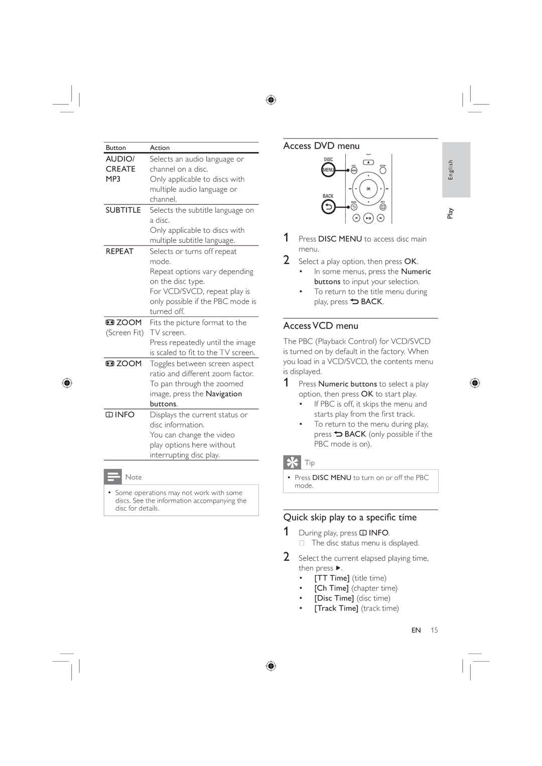 Philips DVP3320/55, DVP3320/77, DVP3320K/78 user manual Access DVD menu, AccessVCD menu, Quick skip play to a speci c time 